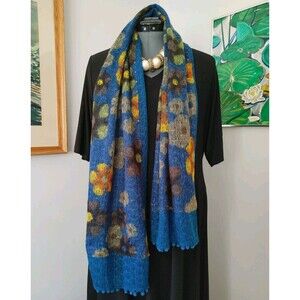 Country Cottage Granny Core Boho Ball Fringe Blue Soft Winter Scarf Floral VGC